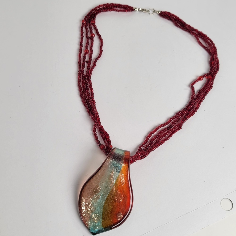 Red‎ Multi Strand Seed Bead Necklace with Large Acrylic Art Pendant Unsigned